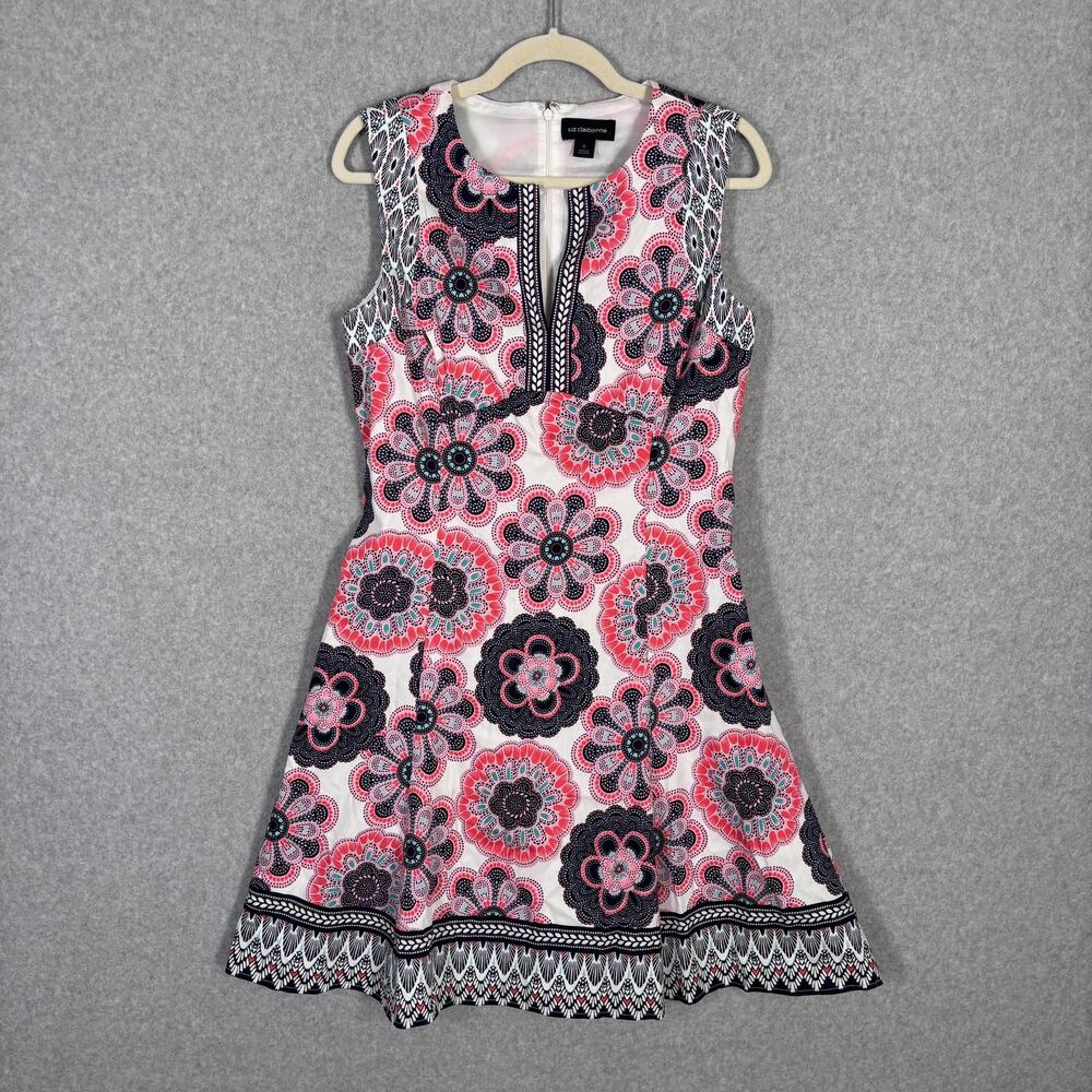 Liz Claiborne Mini Dress 6 Navy Pink Floral Mod 50s Twee Cotton Stretch Preppy